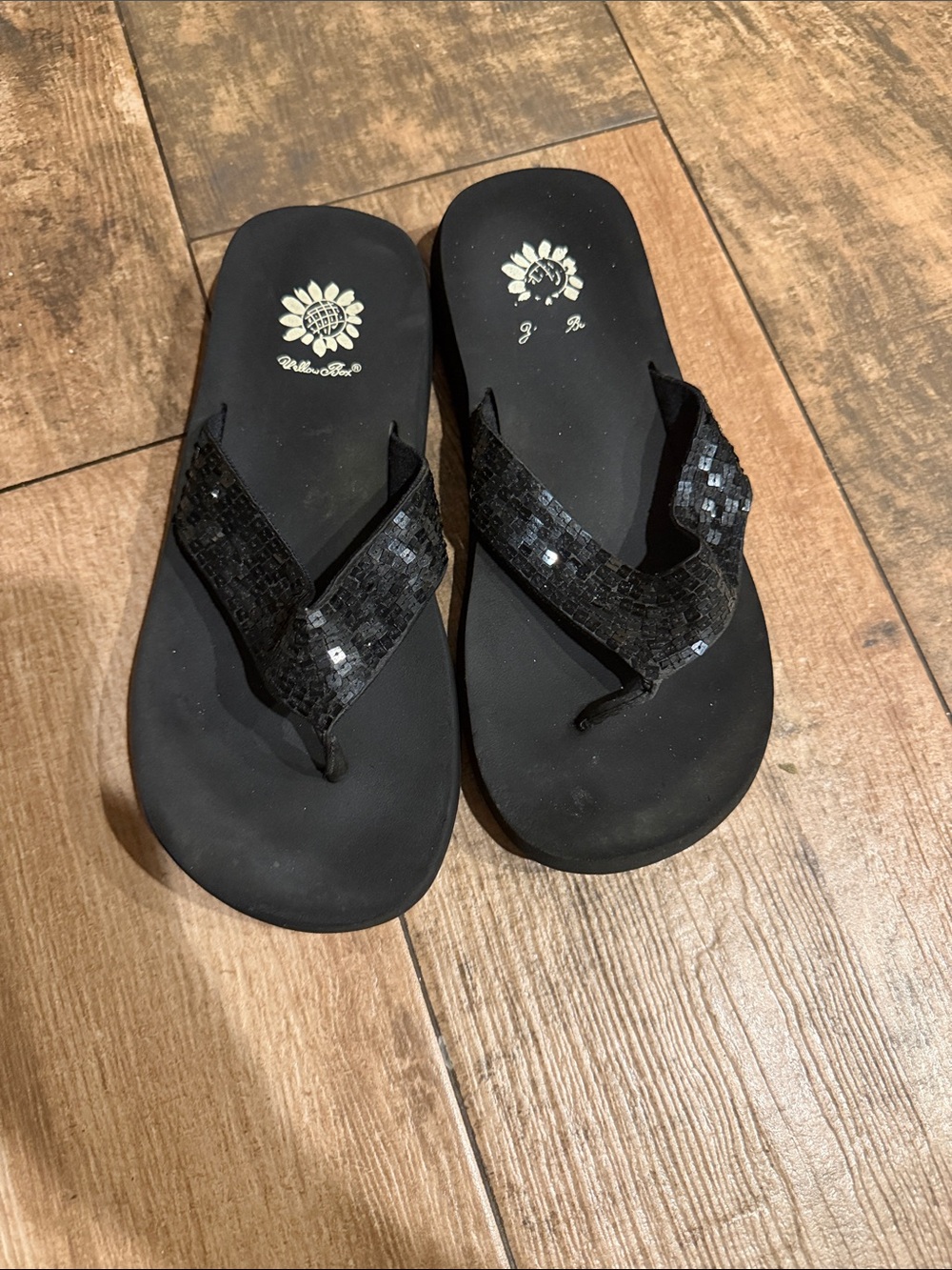 Yellow Box Black Sequin Thong Sandals - Women's